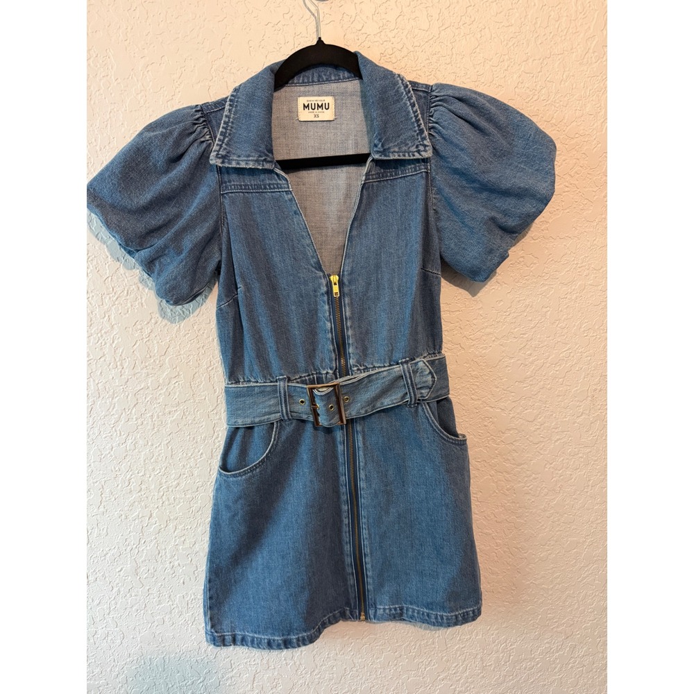Show Me Your Mumu Denim Puff Sleeve Mini Dress XS Retro Western Blue Zip Front - Picture 2 of 5